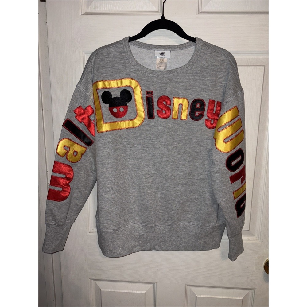 Disney Parks L Walt Disney World Satin Appliqué Sweatshirt Gray Mickey Logo